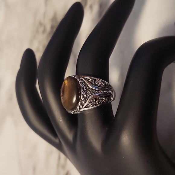 Vintage Tiger Eye Silvery Ring Bohemian Style Size 8 - Picture 14 of 17